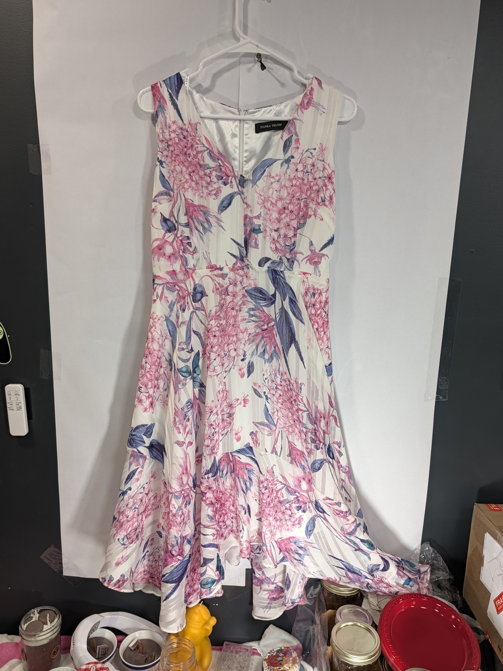 Ivanka Trump White Sleeveless Midi Dress with Pink Floral & Blue Leaf Print